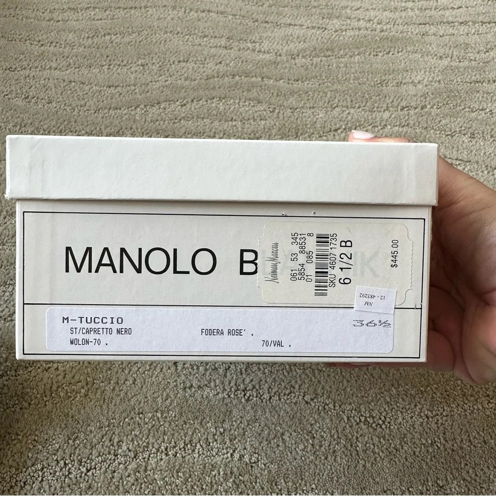 Manolo Blahnik Tuccio Autographed Black Pointy Toe Pumps 70mm Heel Sz IT 36.5